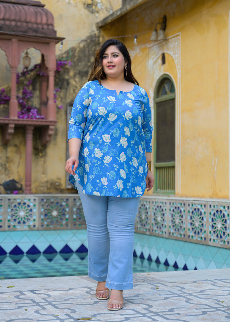 Women’s Turquoise Cotton Floral Printed Casual Top (Plus Size)