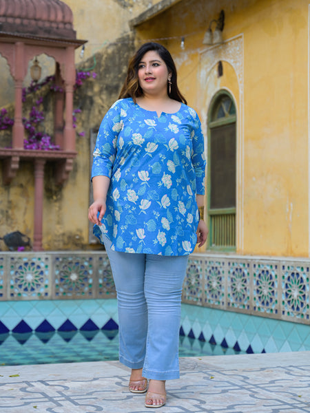 Women’s Turquoise Cotton Floral Printed Casual Top (Plus Size)