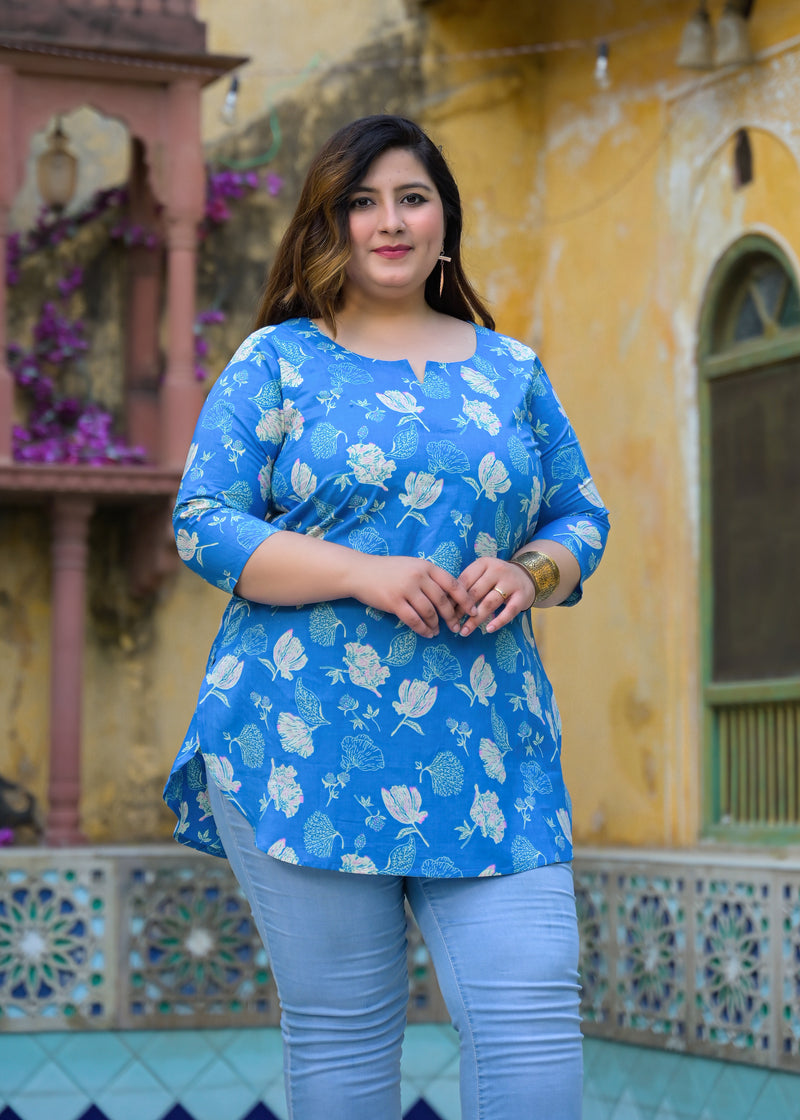 Women’s Turquoise Cotton Floral Printed Casual Top (Plus Size)
