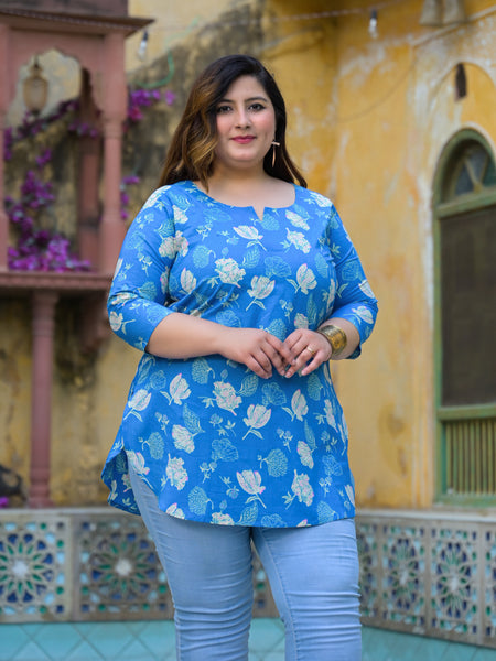 Women’s Turquoise Cotton Floral Printed Casual Top (Plus Size)