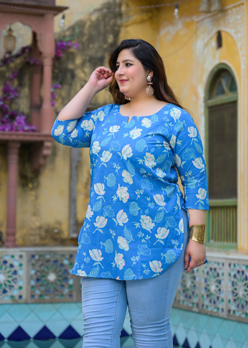 Women’s Turquoise Cotton Floral Printed Casual Top (Plus Size)