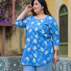Women’s Turquoise Cotton Floral Printed Casual Top (Plus Size)