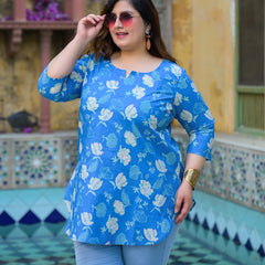 Women’s Turquoise Cotton Floral Printed Casual Top (Plus Size)