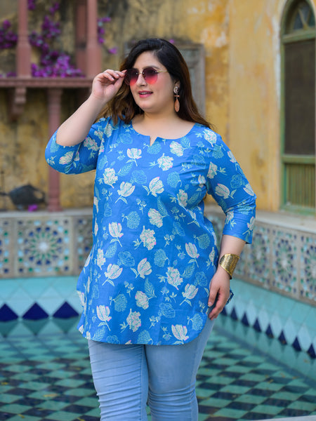 Women’s Turquoise Cotton Floral Printed Casual Top (Plus Size)