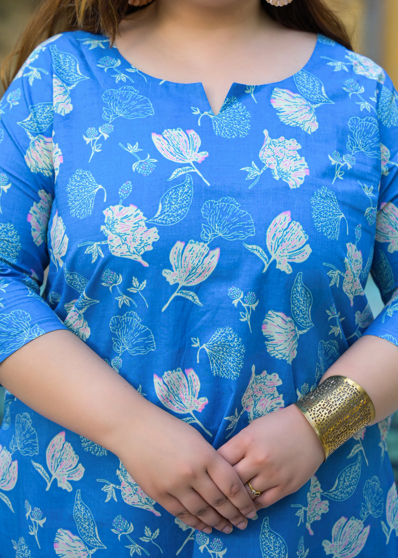 Women’s Turquoise Cotton Floral Printed Casual Top (Plus Size)
