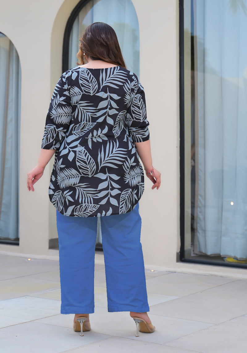 Women’s Black Cotton Leaf-Print Casual Top (Plus Size)