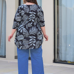 Women’s Black Cotton Leaf-Print Casual Top (Plus Size)