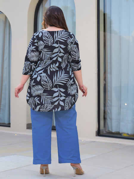 Women’s Black Cotton Leaf-Print Casual Top (Plus Size)