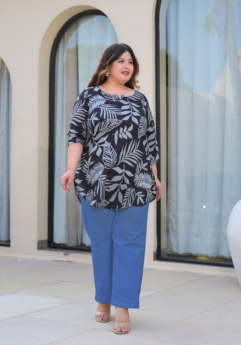 Women’s Black Cotton Leaf-Print Casual Top (Plus Size)