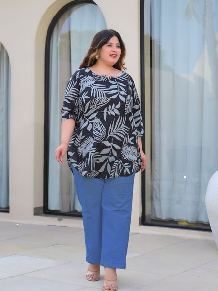 Women’s Black Cotton Leaf-Print Casual Top (Plus Size)
