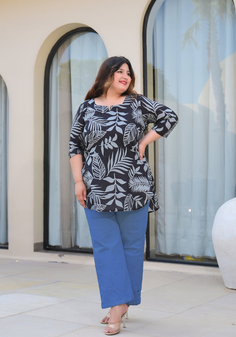Women’s Black Cotton Leaf-Print Casual Top (Plus Size)