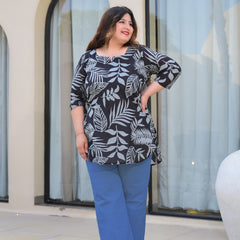 Women’s Black Cotton Leaf-Print Casual Top (Plus Size)