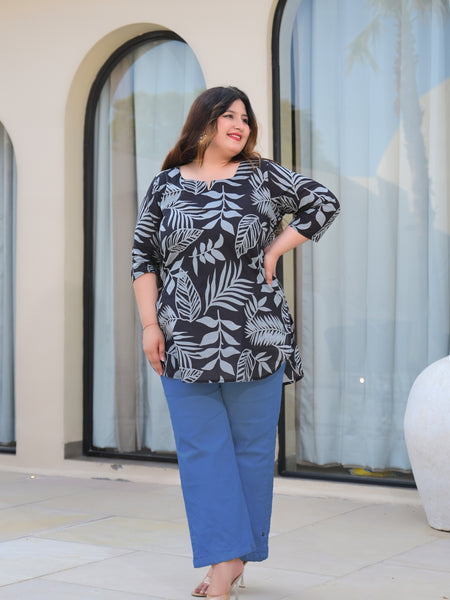 Women’s Black Cotton Leaf-Print Casual Top (Plus Size)