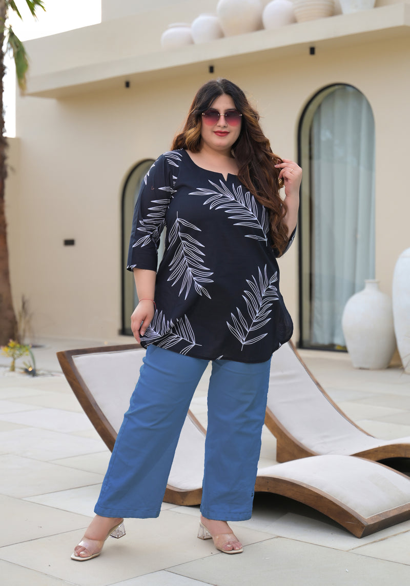 Women’s Black Cotton Palm-Leaf Printed Casual Top (Plus Size)