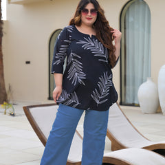 Women’s Black Cotton Palm-Leaf Printed Casual Top (Plus Size)
