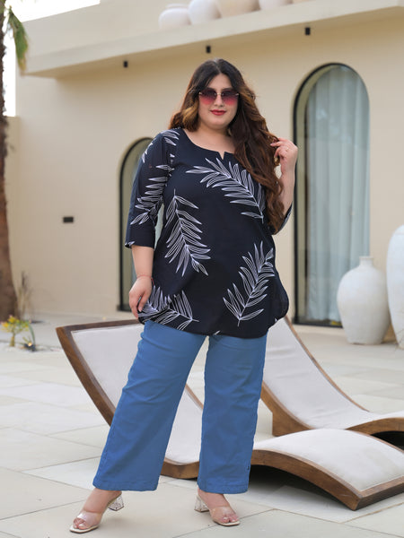 Women’s Black Cotton Palm-Leaf Printed Casual Top (Plus Size)
