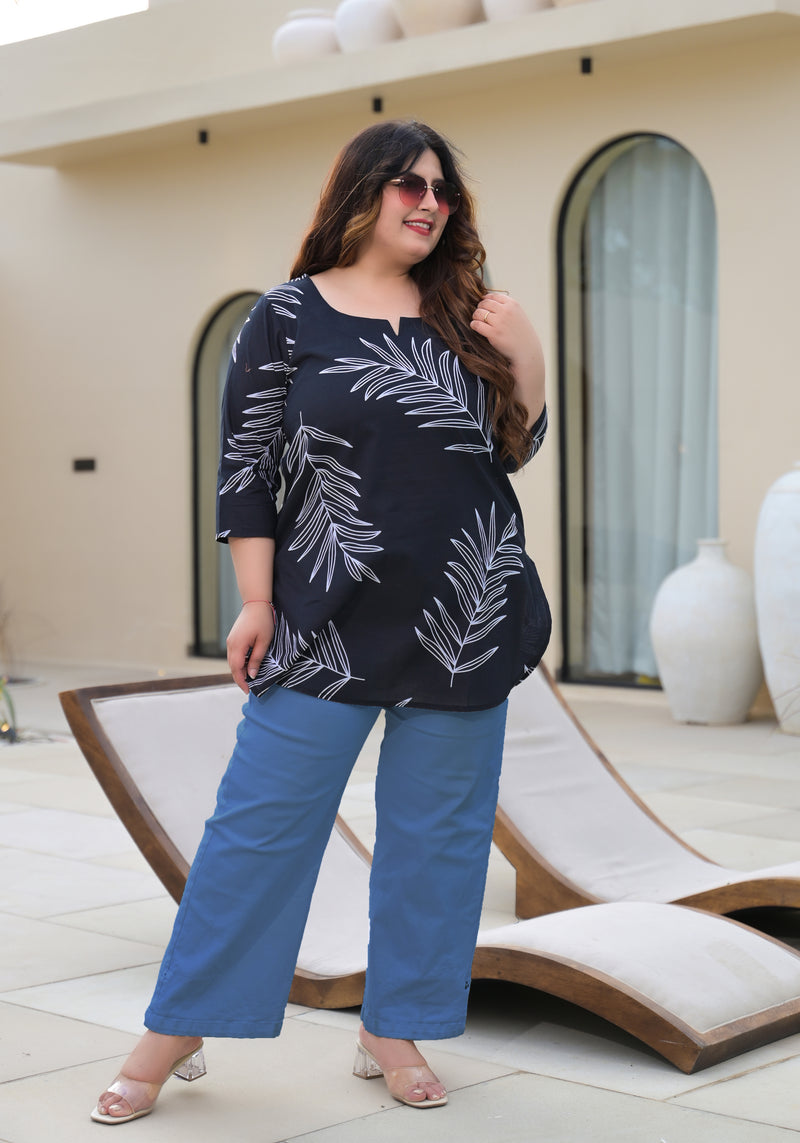 Women’s Black Cotton Palm-Leaf Printed Casual Top (Plus Size)