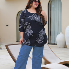 Women’s Black Cotton Palm-Leaf Printed Casual Top (Plus Size)