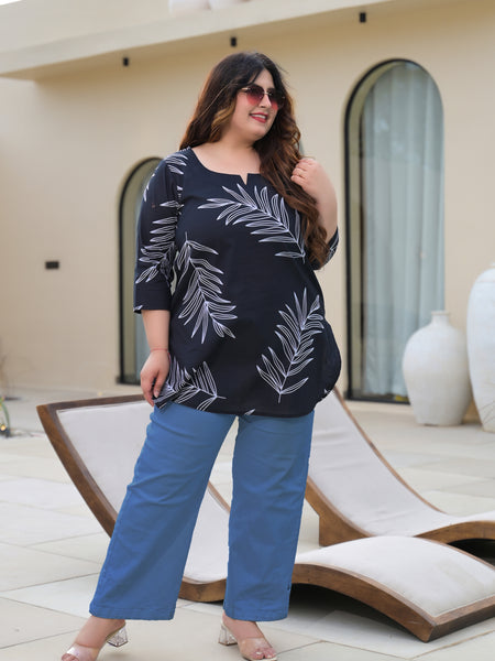 Women’s Black Cotton Palm-Leaf Printed Casual Top (Plus Size)