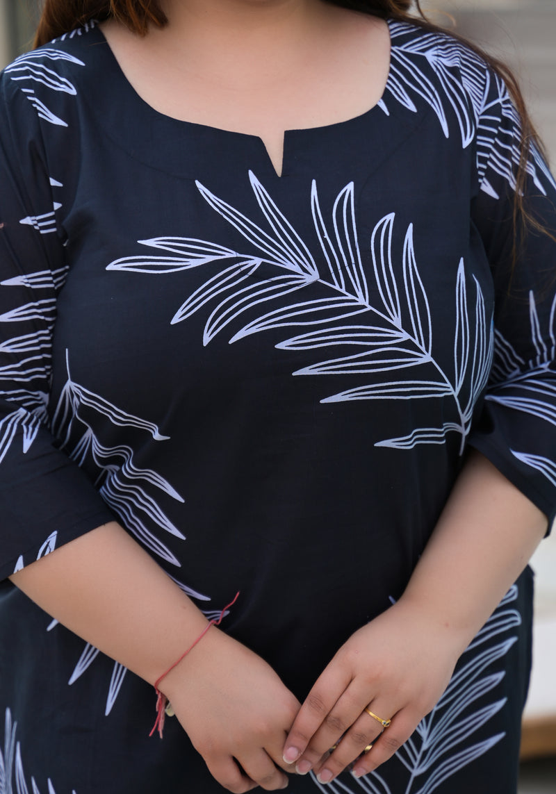 Women’s Black Cotton Palm-Leaf Printed Casual Top (Plus Size)