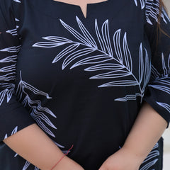 Women’s Black Cotton Palm-Leaf Printed Casual Top (Plus Size)