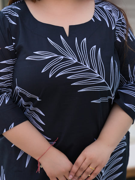 Women’s Black Cotton Palm-Leaf Printed Casual Top (Plus Size)
