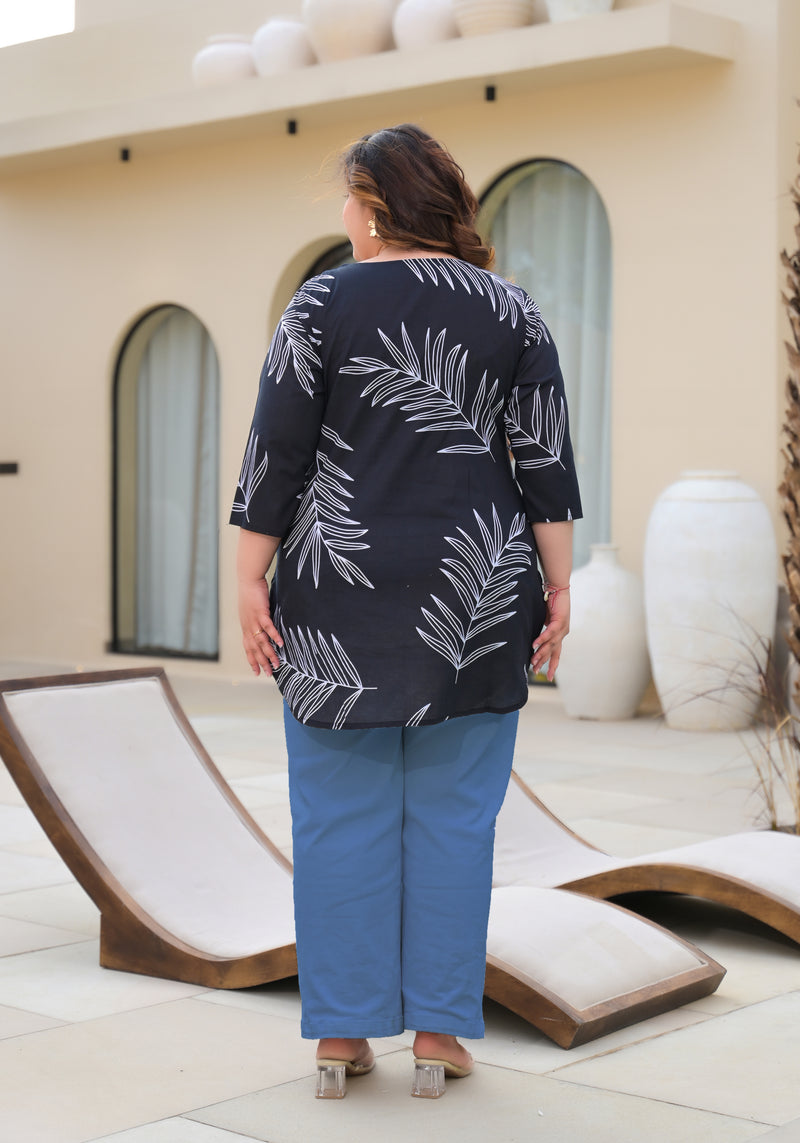 Women’s Black Cotton Palm-Leaf Printed Casual Top (Plus Size)