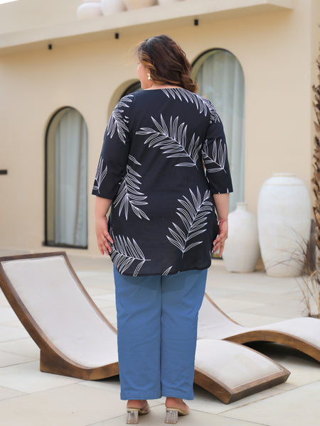Women’s Black Cotton Palm-Leaf Printed Casual Top (Plus Size)
