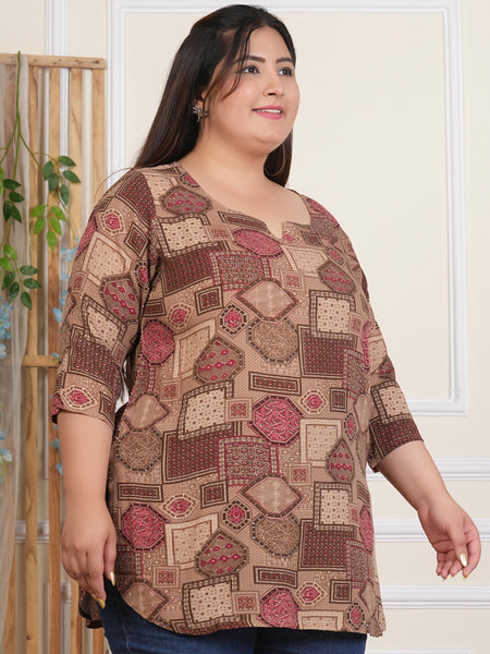 Women’s Peach Geometric Print Rayon Casual Top (Plus Size)