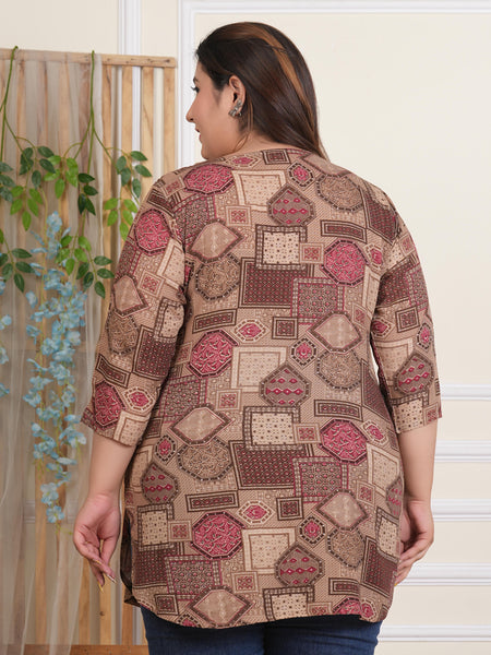 Women’s Peach Geometric Print Rayon Casual Top (Plus Size)
