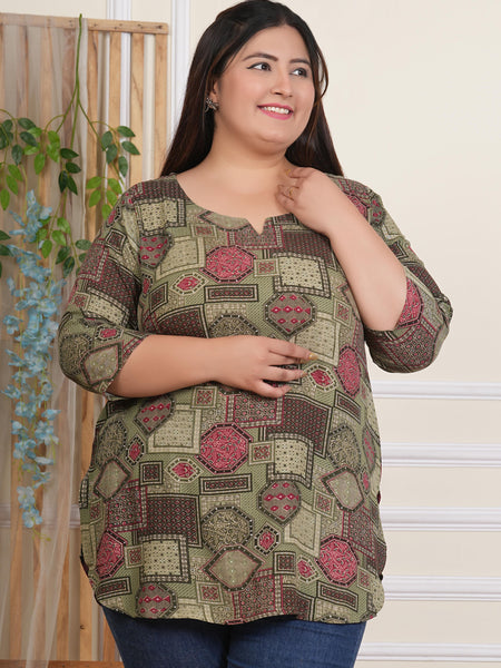 Women’s Elegant Light Green Rayon Printed Top (Plus Size)