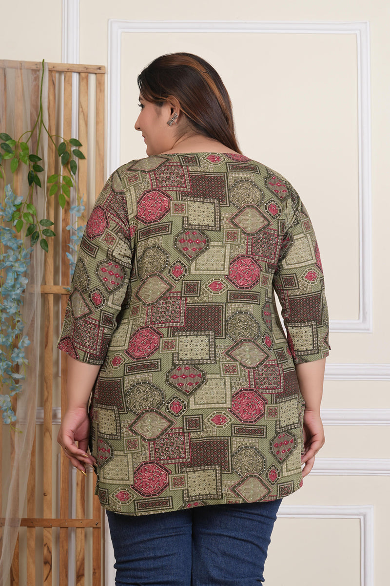 Women’s Elegant Light Green Rayon Printed Top (Plus Size)