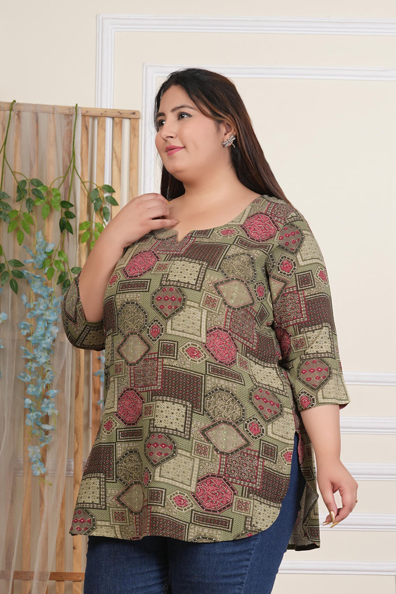 Women’s Elegant Light Green Rayon Printed Top (Plus Size)
