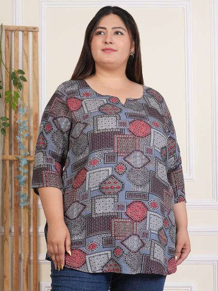 Light Green Geometric Rayon Printed Plus-Size Top (Plus Size)