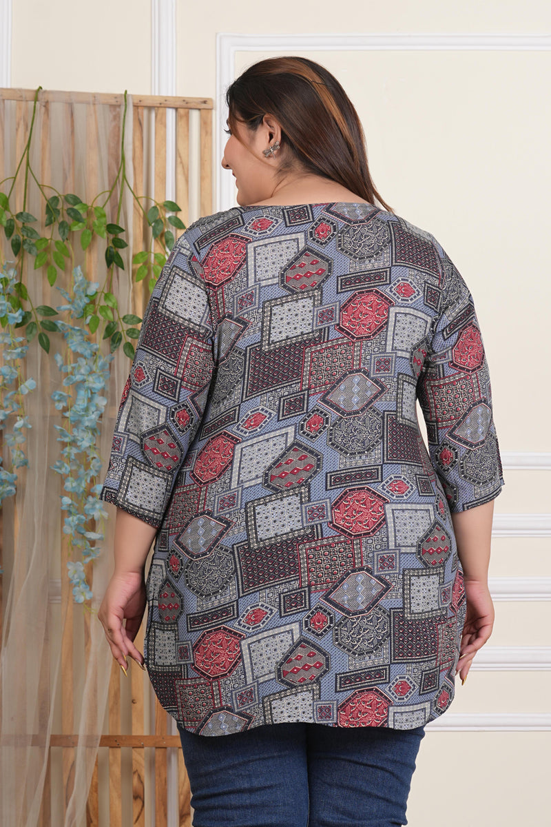 Light Green Geometric Rayon Printed Plus-Size Top (Plus Size)