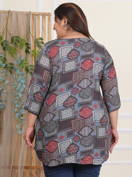 Light Green Geometric Rayon Printed Plus-Size Top (Plus Size)