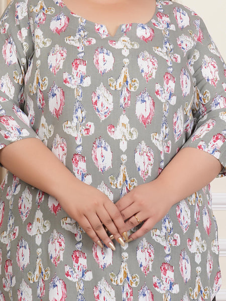 Elegant Grey Abstract Print Rayon Top – Plus Size Comfort Fit (Plus Size)