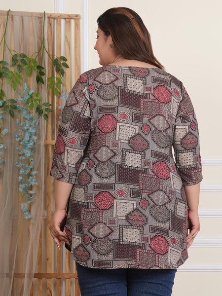 Women’s Stylish Rayon Light Brown Geometric Printed Top (Plus Size)