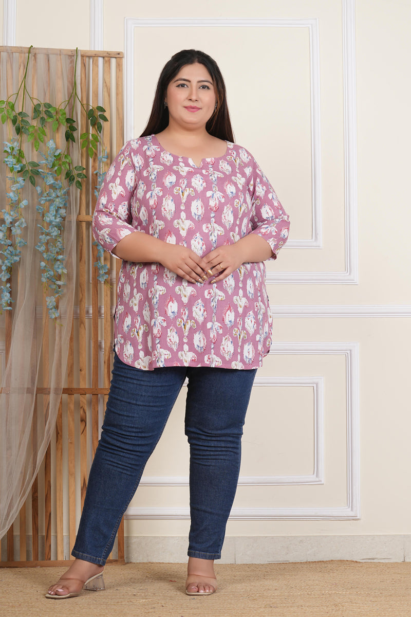 Women’s Light Pink Ikat Printed Rayon Top (Plus Size)