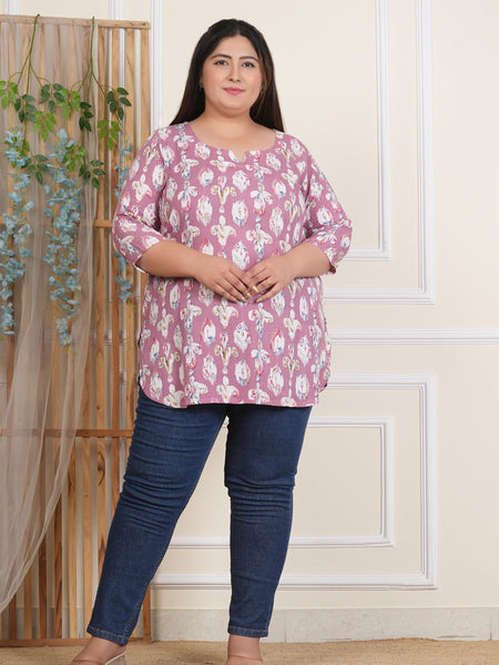 Women’s Light Pink Ikat Printed Rayon Top (Plus Size)