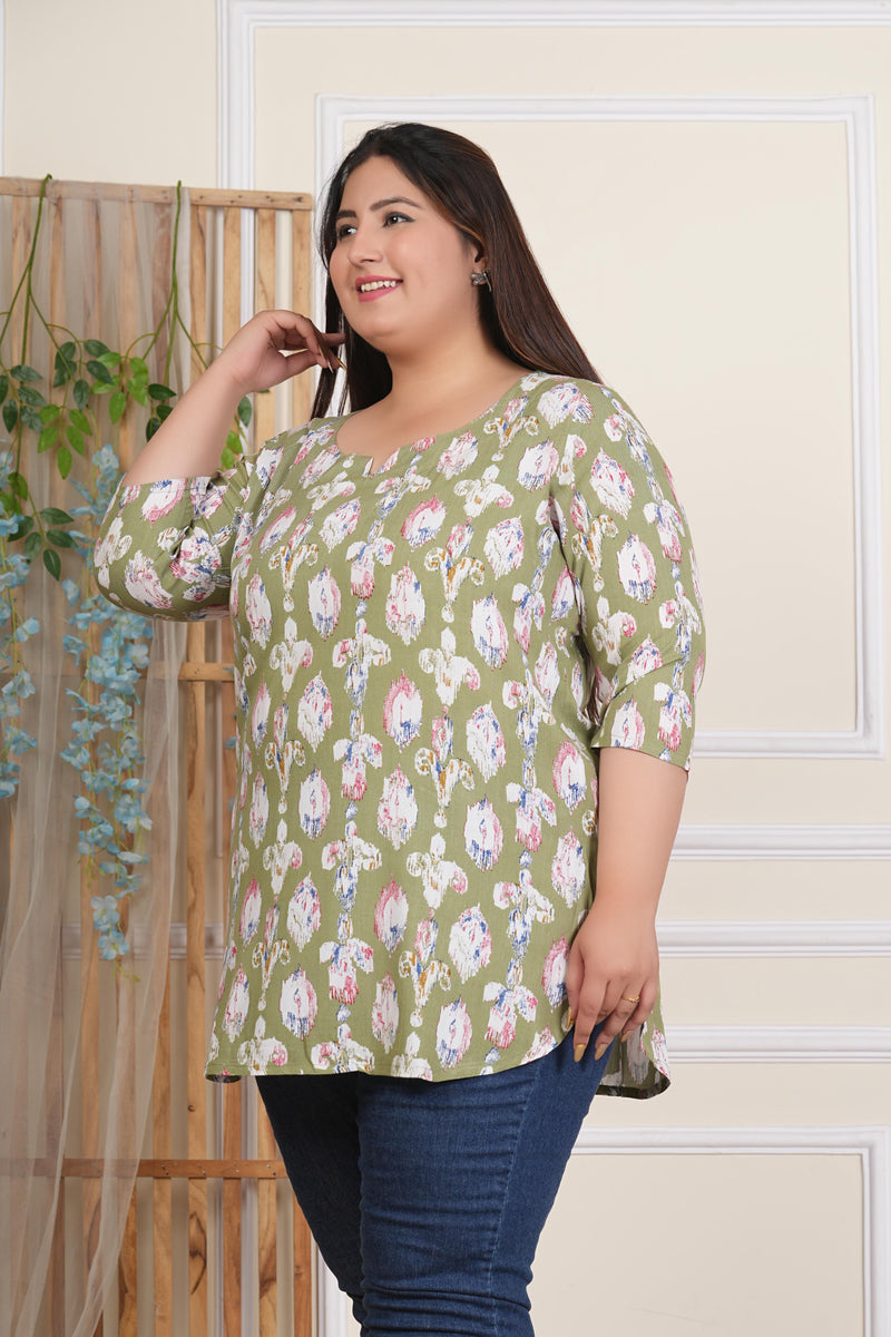 Light Green Abstract Print Rayon Casual Top (Plus Size)