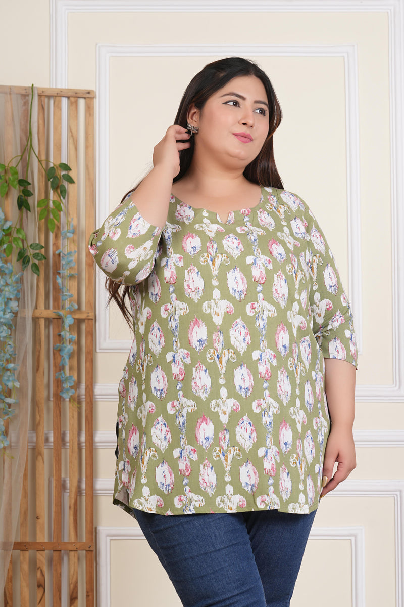 Light Green Abstract Print Rayon Casual Top (Plus Size)