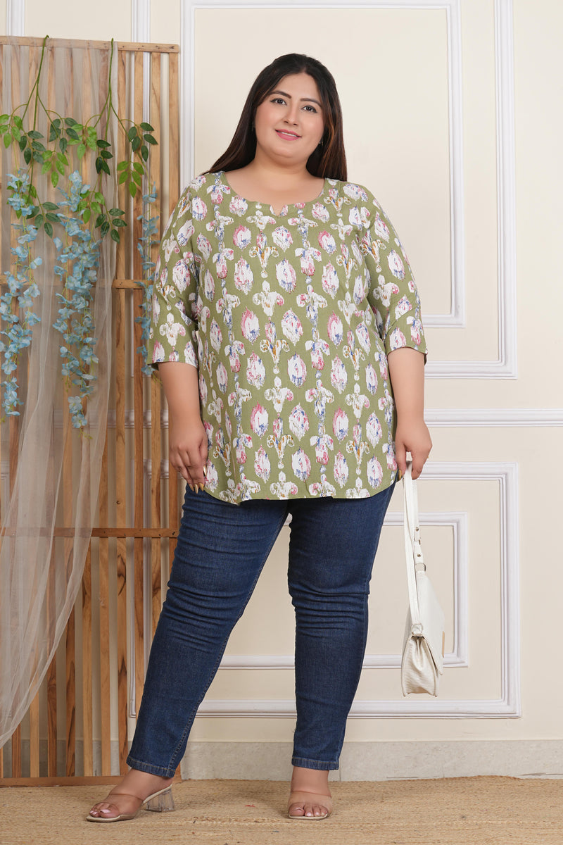 Light Green Abstract Print Rayon Casual Top (Plus Size)