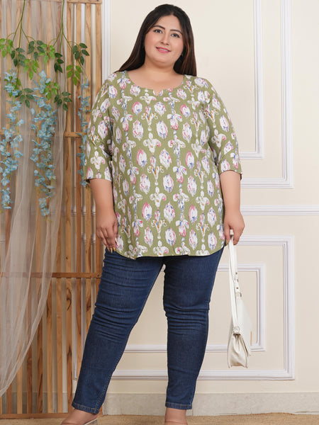 Light Green Abstract Print Rayon Casual Top (Plus Size)