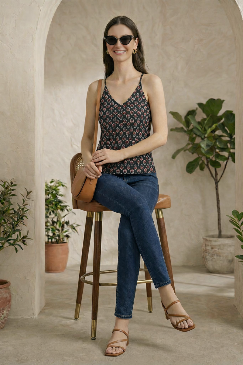 Floral Print Cotton Black Top