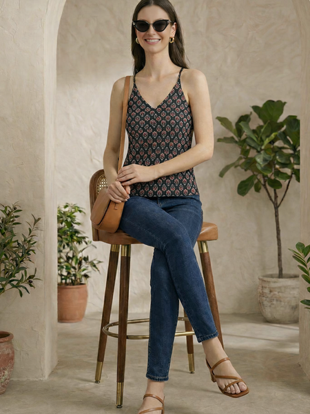 Floral Print Cotton Black Top