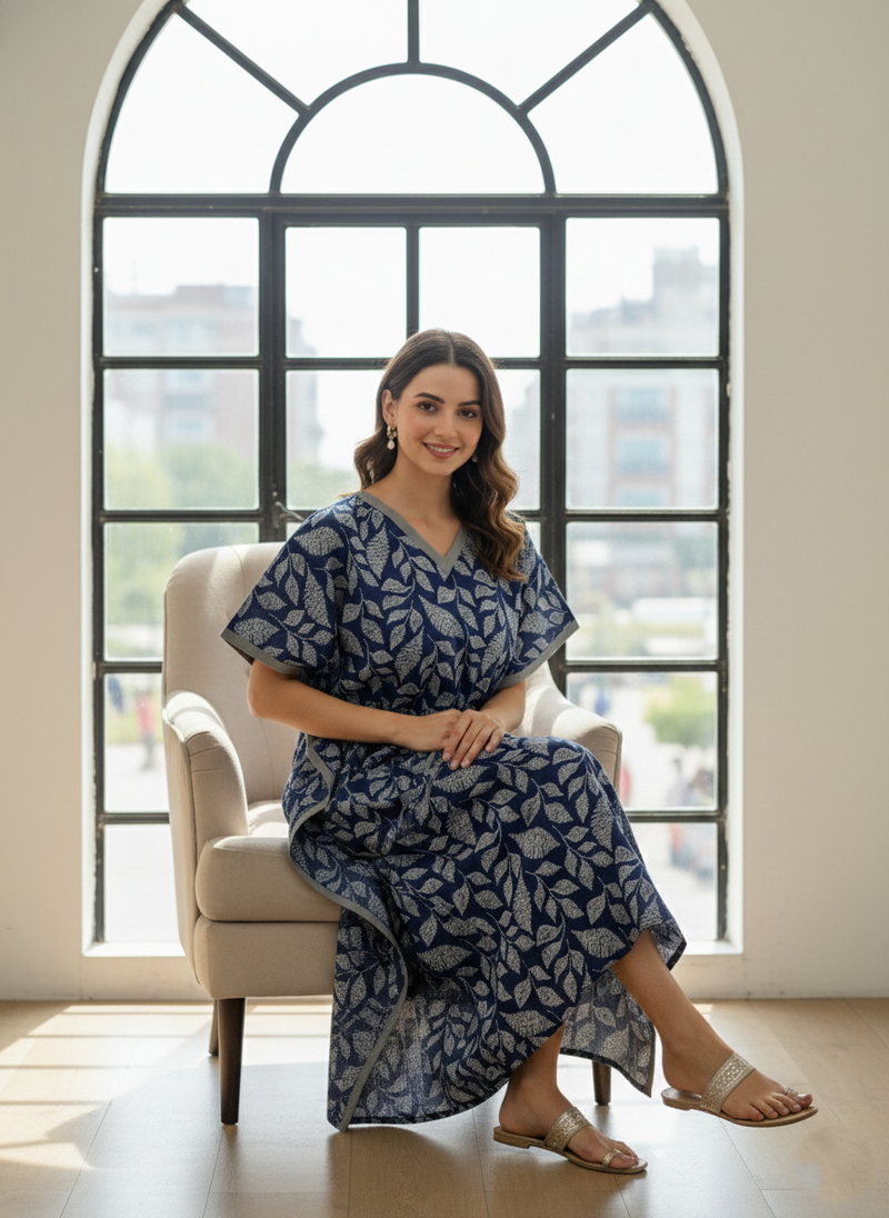 Blue Leaf Print Cotton Kaftan Lounge Wear