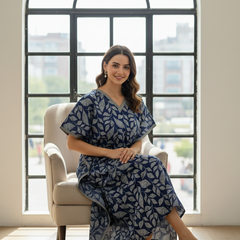 Blue Leaf Print Cotton Kaftan Lounge Wear