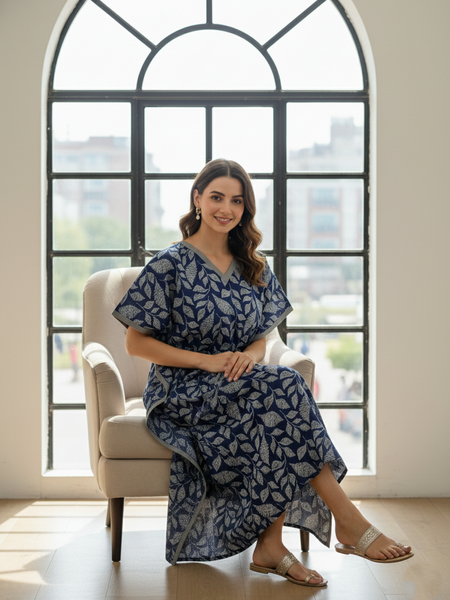 Blue Leaf Print Cotton Kaftan Lounge Wear