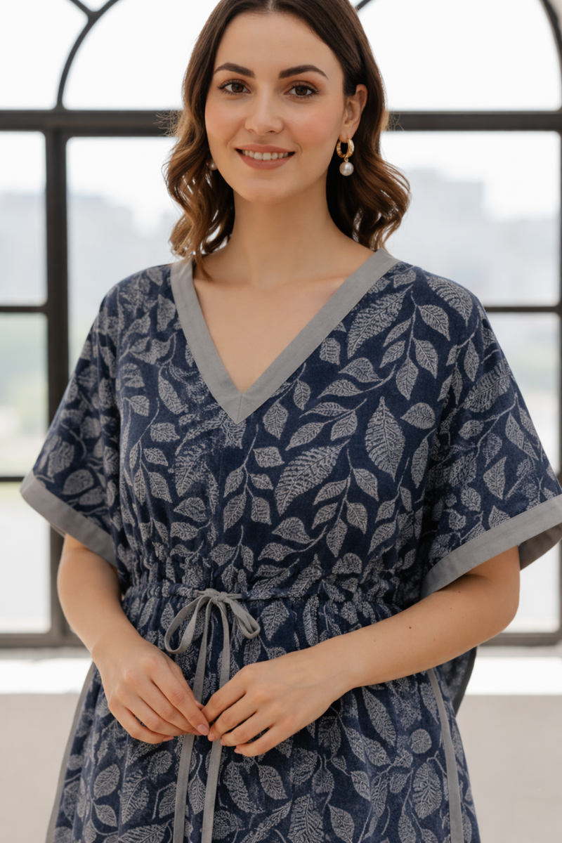 Blue Leaf Print Cotton Kaftan Lounge Wear